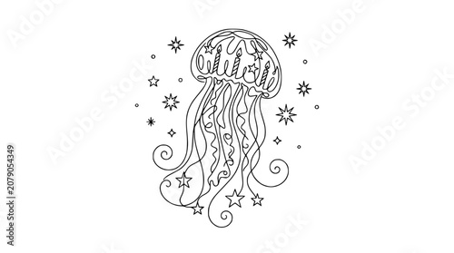 Whimsical Jellyfish and Stars Line Art Drawing, Single Continuous Line Illustration