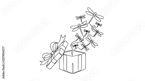 Dragonflies Bursting From Open Gift Box, Continuous Line Art Illustration