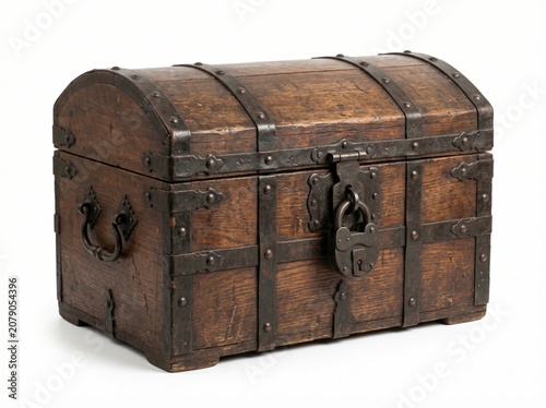 Closed Wooden Treasure Chest on White Background