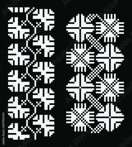 White botanical embroidery ornament from Chernihiv, Ukraine on black background