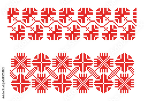 Authentic Ukrainian Polissya embroidery from Chernihiv, red stylized floral crosses representing harvest and life force