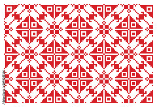 Red rhombus seamless Ukrainian Chernihiv region embroidery pattern, folk ornament motifs, traditional vyshyvanka tileable background