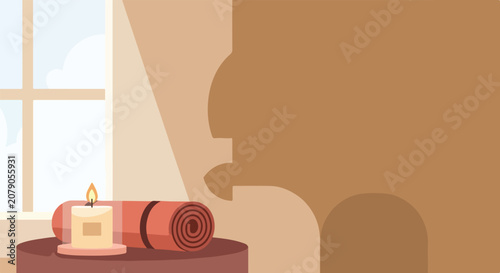 Photos A rolled yoga mat and a lit candle sit on a table, casting a large, whimsical shadow against a wall in a brightly lit room near a window