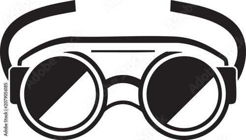 A pair of goggles with round lenses and a headband sits isolated on white