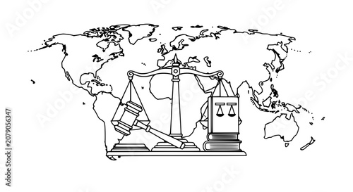 Fotografía Global Justice Concept: Scales of Justice, Gavel, and Law Books on World Map