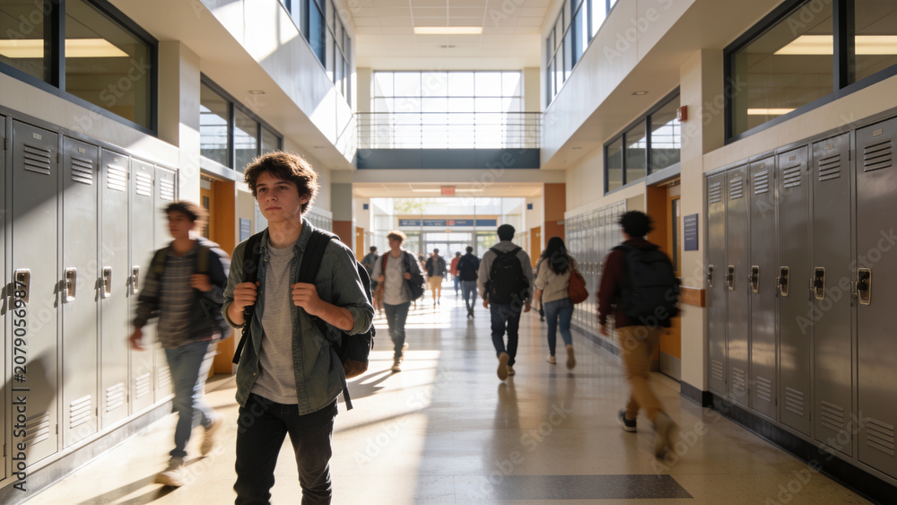 Fototapeta premium High school students walking through a school hallway between classes, representing education, school life, friendship, learning, and everyday campus activity.