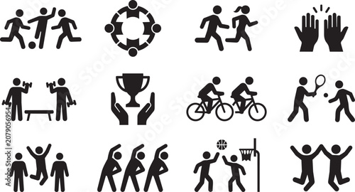 Set of black silhouette people activity icons, sports teamwork and leisure pictogram collection, flat vector style, white background