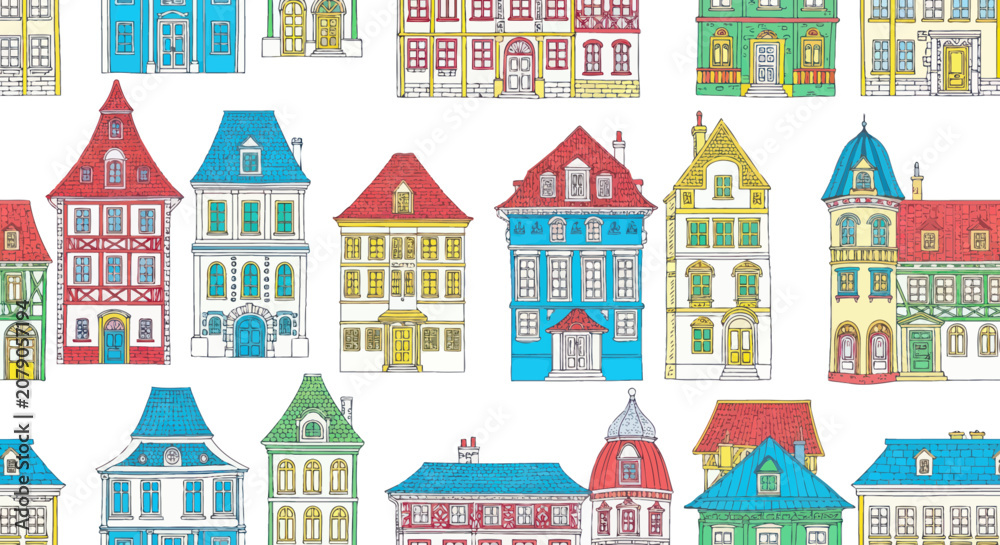 Fototapeta premium Colorful hand drawn old town buildings seamless pattern