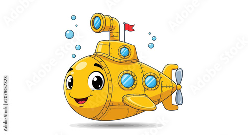 Obraz na plátně Smiling yellow submarine explorer character with periscope and bubbles