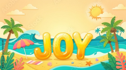 Joy lettering on a sandy beach with palm trees and ocean waves, tropical summer vacation background, cheerful holiday concept for travel posters and seasonal greeting cards