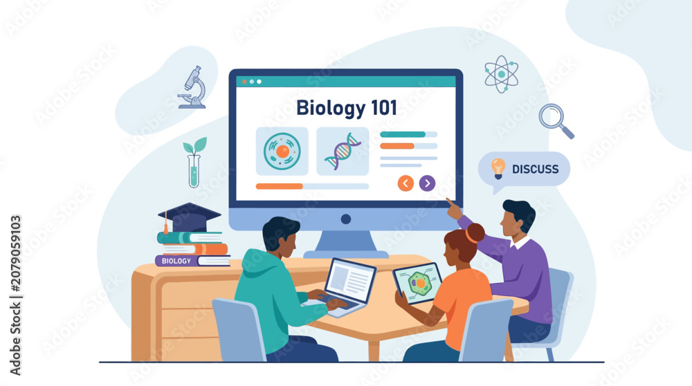 Fototapeta premium Students learning biology online with a computer.