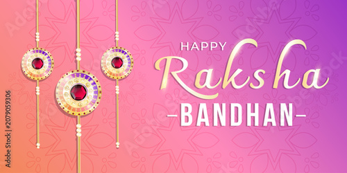 Canvastavla Happy Raksha Bandhan Banner with three shining golden rakhi on gradient background and text