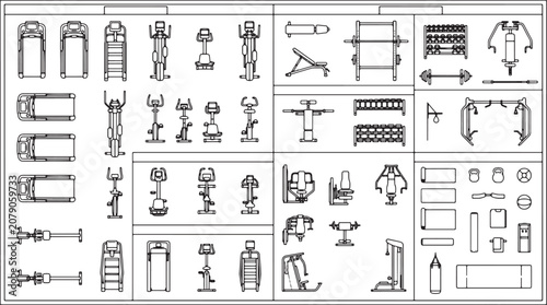 Fotografía Gym equipment floor plan collection with various fitness machines and workout ac