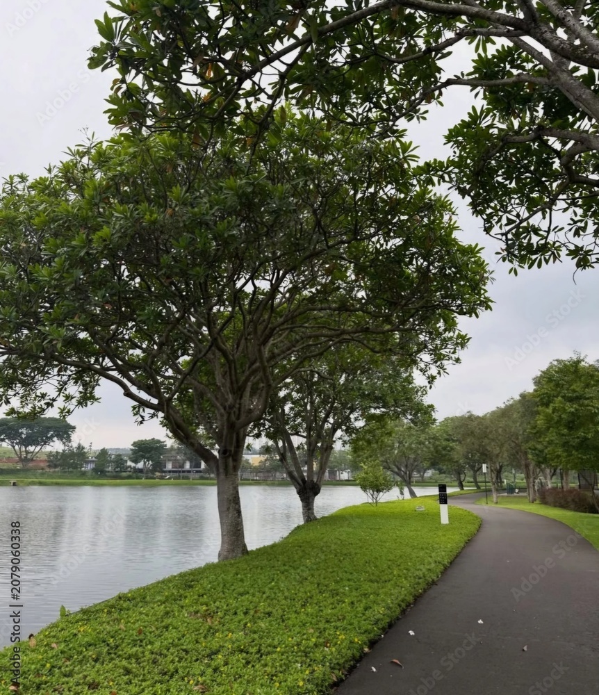 Naklejka premium Asphalt jogging track and pathway by the lake in a green park