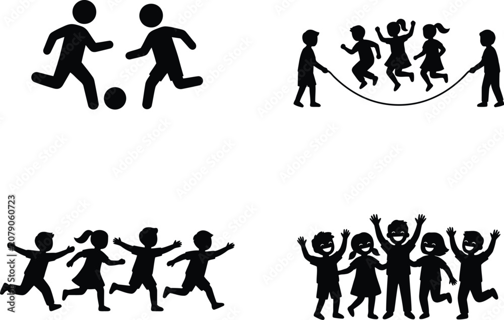 Obraz premium Children Playing Silhouette Icon Set with Soccer Jump Rope Running and Happy Kids VectorChildren Playing Silhouette Icon Set with Soccer Jump Rope Running and Happy Kids Vector