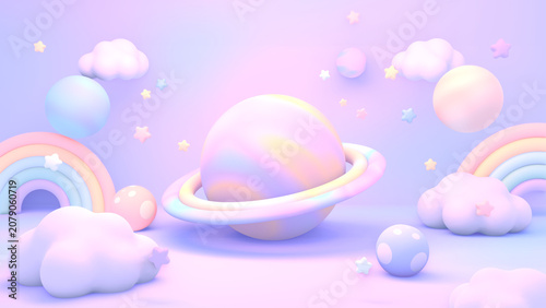 3D render of dreamy pastel planet with rainbows, stars, and clouds.