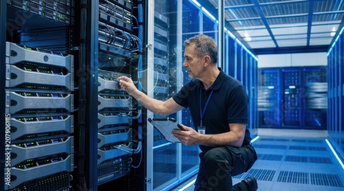 Experienced IT technician working on server racks in a modern data center infrastructure performing essential network maintenance