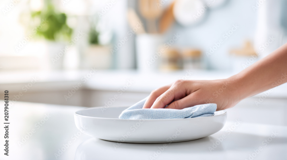 Fototapeta premium Person wipes a clean dish on a kitchen countertop during the daytime in a bright space with plants in the background
