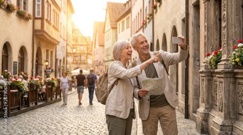 Happy senior couple exploring a charming European old town street during their sunny summer vacation taking selfie with phone and map