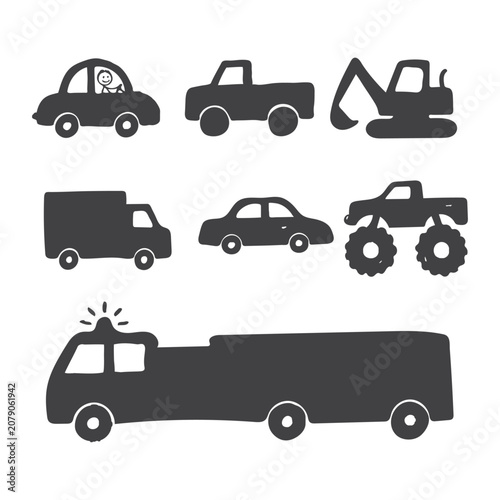 Collection of various vehicle silhouettes including cars trucks and construction equipment