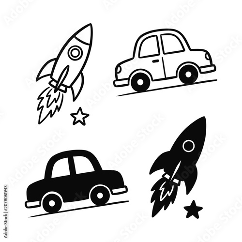 Black and white line art set featuring a rocket ship and automobile illustrations for children's designs