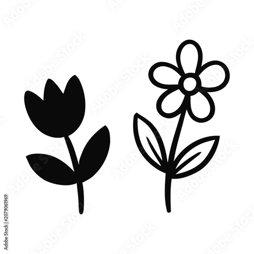 Minimalist floral duo black silhouette of a tulip and five petal flower on white background