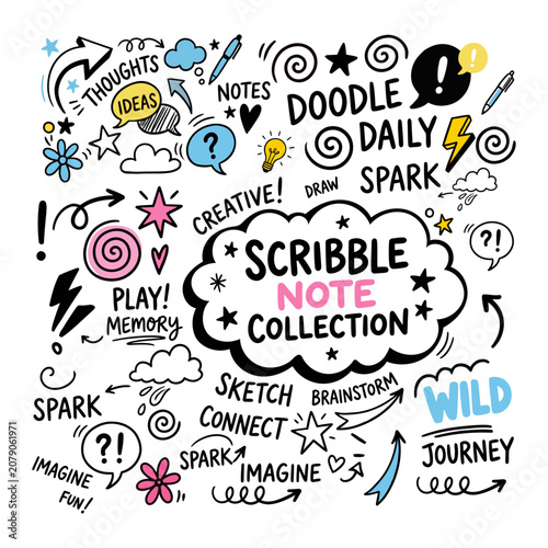A colorful doodle design featuring a central thought bubble with the words 'scribble note collection' surrounded by inspirational words and symbols