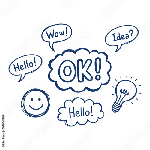 A creative illustration of thought bubbles and expressions conveying agreement and inspiration