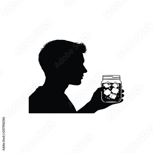 Man Profile Holding Mason Jar Iced Drink Minimalist Beverage Line Art Vector Illustration.