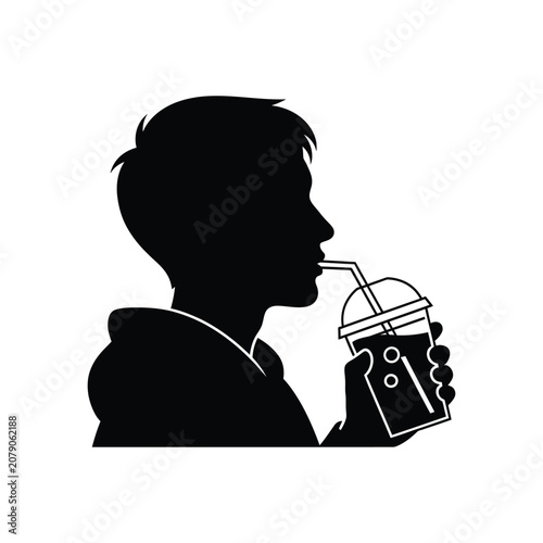 Boy Drinking Smoothie Silhouette Minimalist Cold Beverage Vector Line Art Illustration.