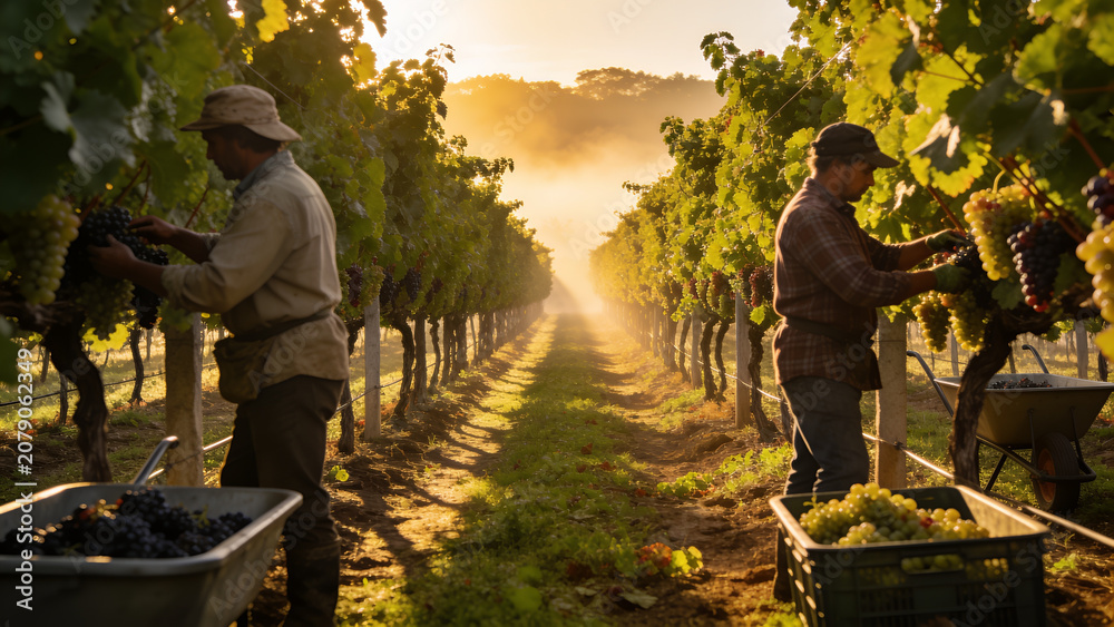 Fototapeta premium Workers harvesting ripe grapes in a sunlit vineyard, showcasing traditional viticulture, sustainable agriculture, teamwork, and premium wine production.