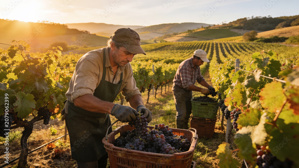 Fototapeta premium Winemakers harvesting ripe grapes in a sunlit vineyard, showcasing traditional viticulture, teamwork, sustainable agriculture, and premium wine production.