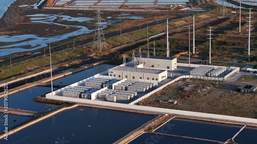 Aerial view of Rizhao substation surrounded by water ponds and wetland areas