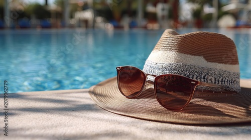Stylish straw fedora hat resting with dark brown sunglasses on a sunny poolside deck during a relaxing warm summer vacation