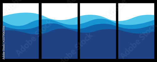 Abstract layered sea waves vector background set with blue gradient.
