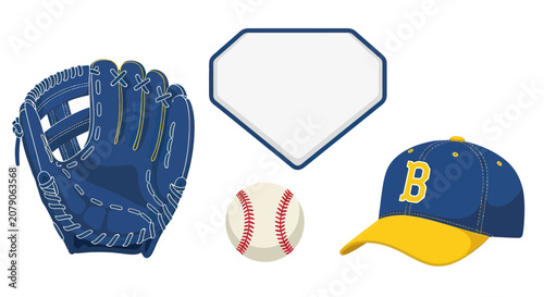 Baseball equipment icons with leather glove ball cap and home plate