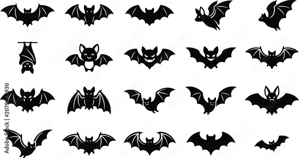 Fototapeta premium Collection of black bat silhouettes for halloween decorations and designs