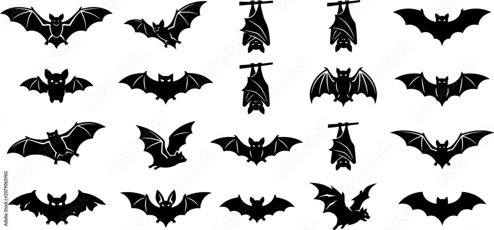 Fototapeta premium Collection of black bat silhouettes in various flying and hanging positions