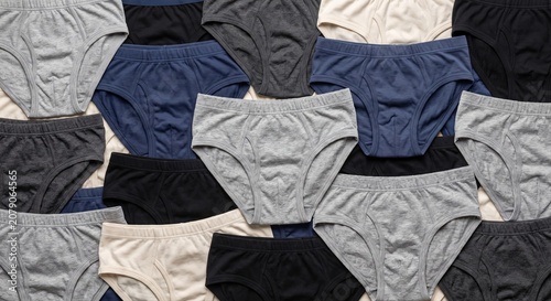 Foto A variety of men's briefs in neutral colors like grey black and blue neatly arra