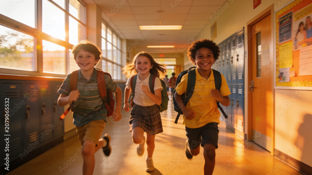 Fototapeta premium Happy school children running through a school hallway on the last day of school, celebrating freedom, friendship, and the beginning of summer vacation.