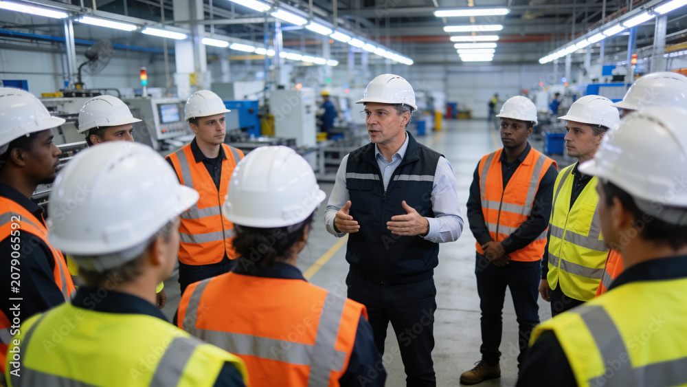 Fototapeta premium Industrial engineers and factory workers attending a manufacturing briefing on a modern production floor, highlighting teamwork, workplace safety, leadership, and advanced industrial operations.