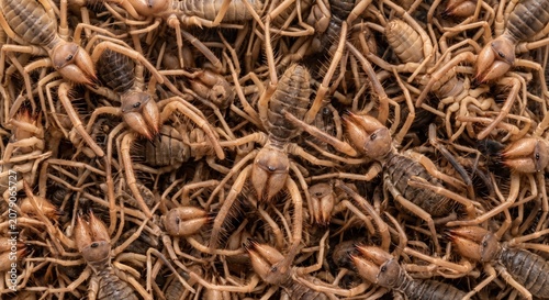 Obraz na plátně An extreme close-up of a multitude of dried camel spiders or solifugae with thei