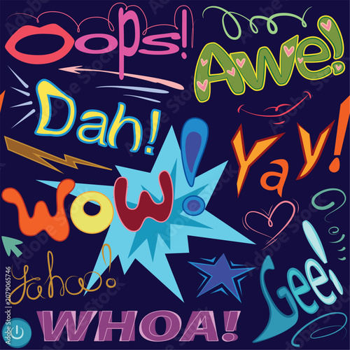Seamless vector pattern with interjections and exclamations of different colors and fonts, various design elements on a dark background.