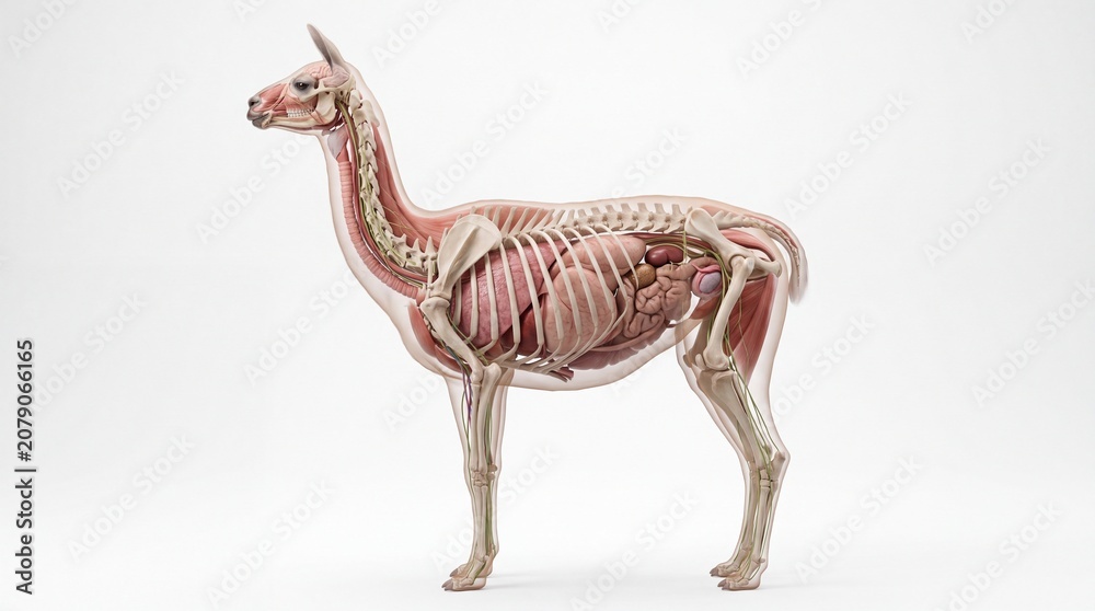 Fototapeta premium Anatomical representation of a llama revealing its internal organs muscles and skeletal system in a clear transparent body