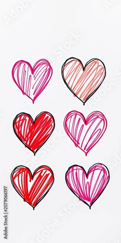 Grunge heart shapes with scribbled ink icons drawn with markers and crayons set, abstract, marker