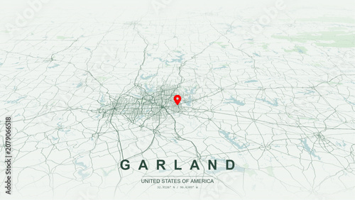 Modern minimalist vector map of Garland, Texas. High-quality scalable illustration of Garland city grid, Lake Ray Hubbardfront beachfront  for posters design.