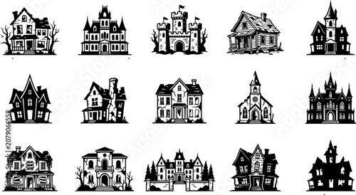 Tableau sur toile Collection of 13 spooky haunted house silhouettes for halloween decorations and
