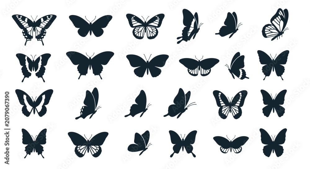 Obraz premium Collection of black butterfly silhouettes with various wing patterns