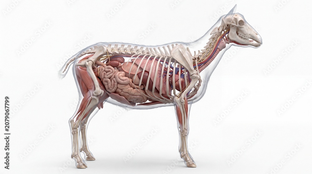 Fototapeta premium Detailed anatomical of a goat's internal organs and skeletal structure in a transparent body anatomy