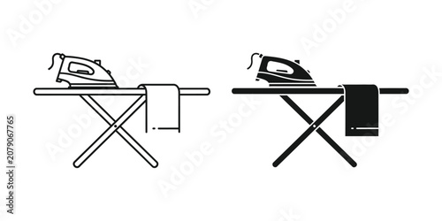 Картината върху платно Set of ironing board and clothes iron icons in outline and solid black style for